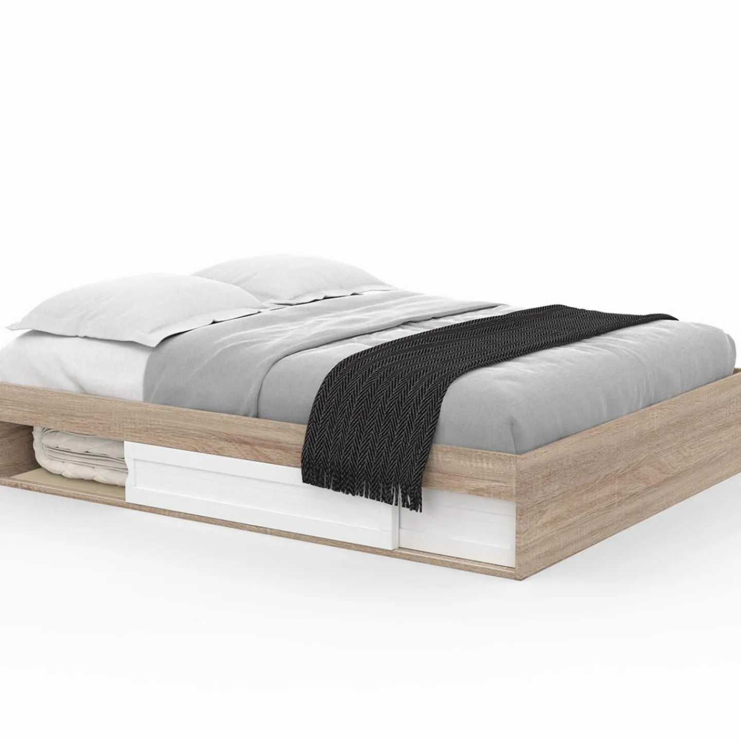 Cadre de lit avec rangements et sommier bois et blanc 160x200 cm*IDMarket Outlet