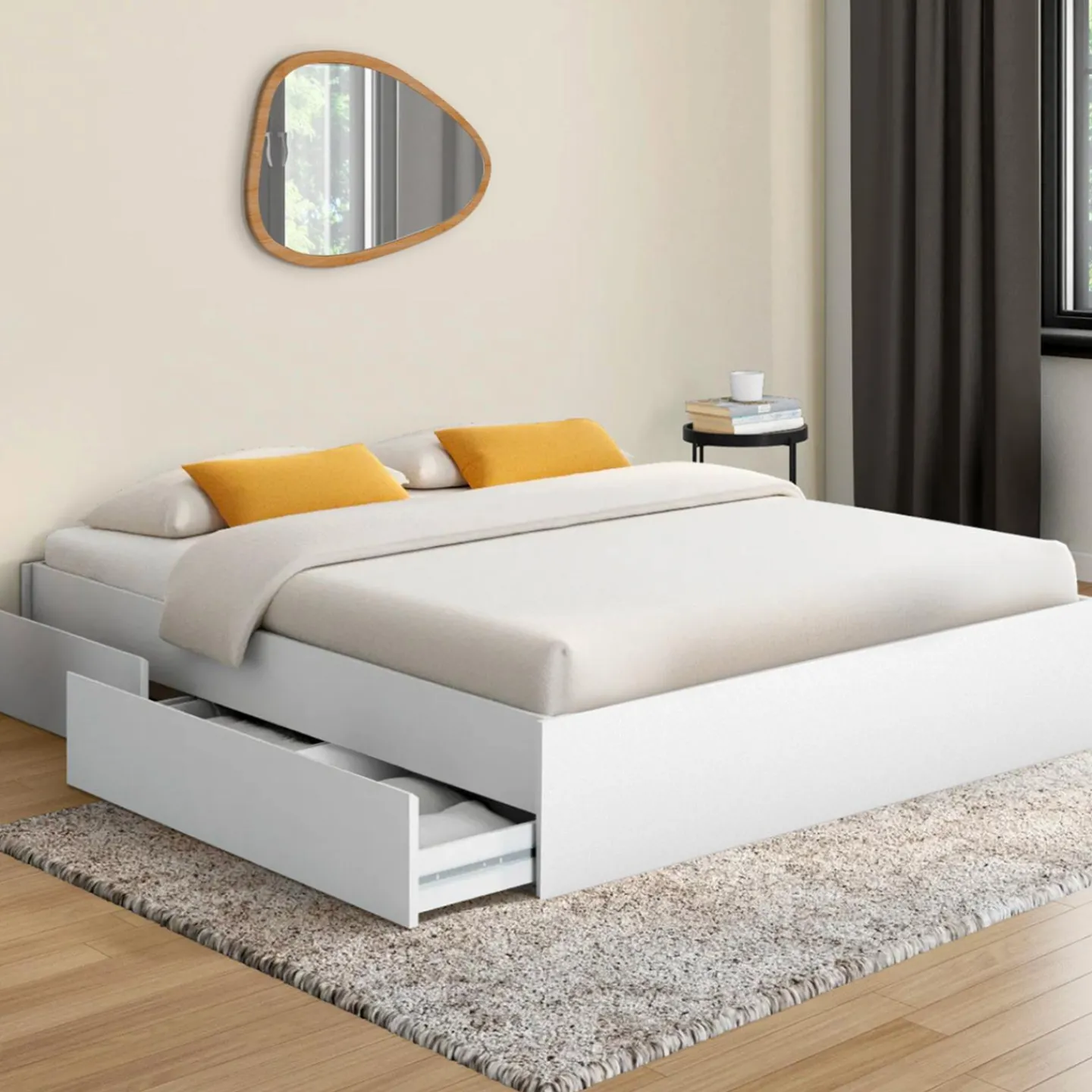 Cadre de lit double 140x190 blanc avec 4 tiroirs et sommier*IDMarket Hot
