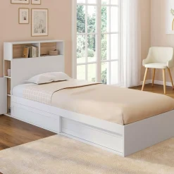 Cadre de lit simple 90x190 cm blanc et hêtre avec tête de lit et rangement*IDMarket Best