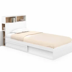 Cadre de lit simple 90x190 cm blanc et hêtre avec tête de lit et rangement*IDMarket Best