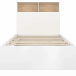 Cadre de lit simple 90x190 cm blanc et hêtre avec tête de lit et rangement*IDMarket Best