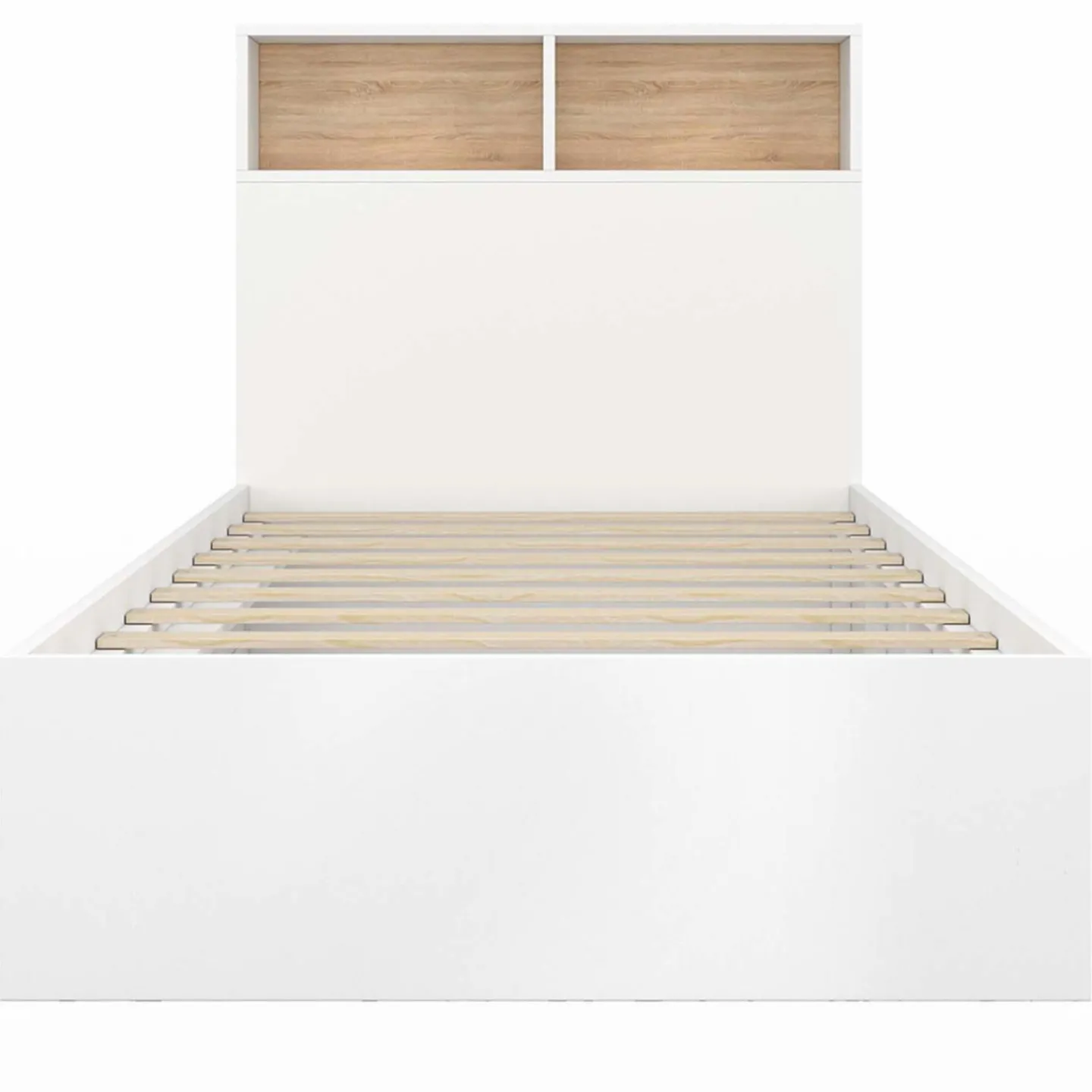 Cadre de lit simple 90x190 cm blanc et hêtre avec tête de lit et rangement*IDMarket Best