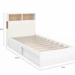 Cadre de lit simple 90x190 cm blanc et hêtre avec tête de lit et rangement*IDMarket Best