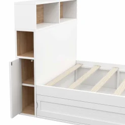 Cadre de lit simple 90x190 cm blanc et hêtre avec tête de lit et rangement*IDMarket Best