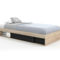 Cadre de lit simple 90x190 cm bois façon hêtre et noir avec rangement et sommier 10 lattes*IDMarket