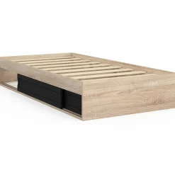 Cadre de lit simple 90x190 cm bois façon hêtre et noir avec rangement et sommier 10 lattes*IDMarket