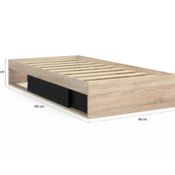 Cadre de lit simple 90x190 cm bois façon hêtre et noir avec rangement et sommier 10 lattes*IDMarket