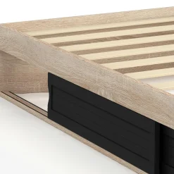 Cadre de lit simple 90x190 cm bois façon hêtre et noir avec rangement et sommier 10 lattes*IDMarket