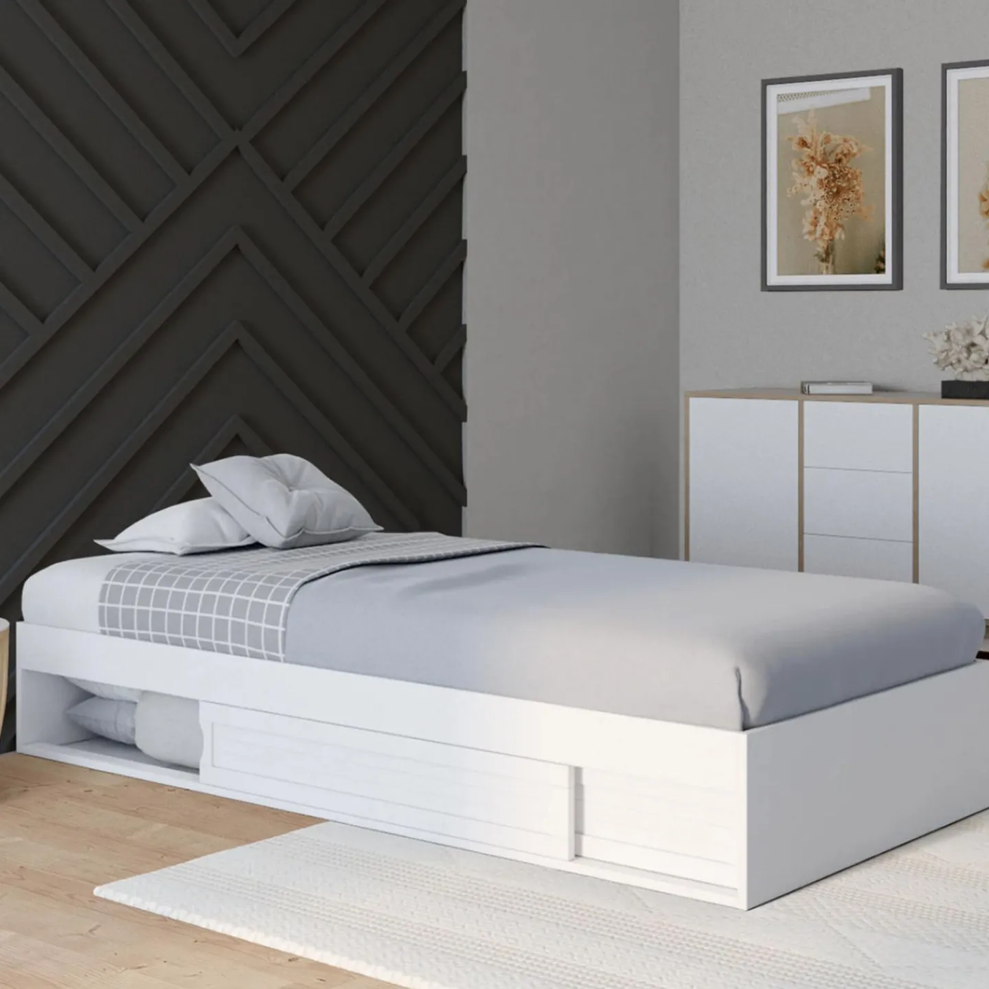 Cadre de lit simple 90x190 cm bois blanc avec rangement*IDMarket New