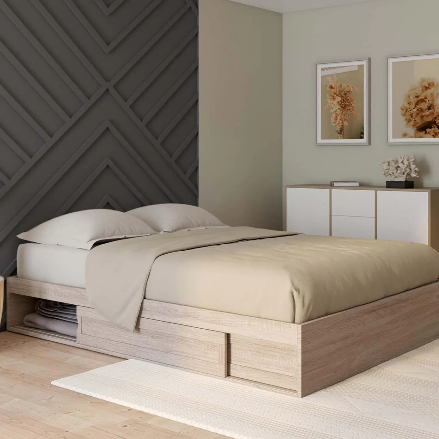 Cadre de lit 140x190 cm avec sommier et rangements en hêtre*IDMarket Hot