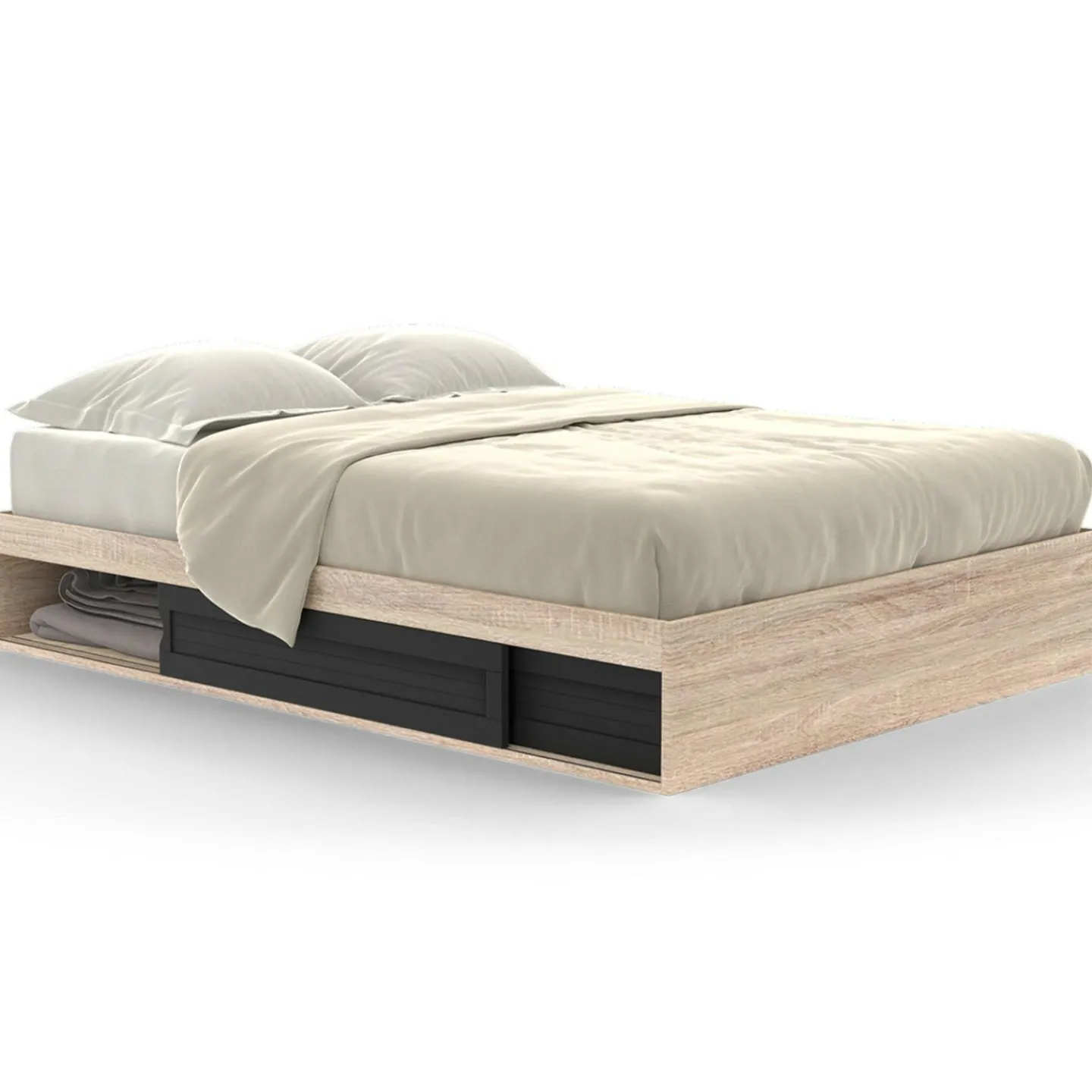 Cadre de lit 140x190 cm avec sommier et rangements noir et bois*IDMarket Hot