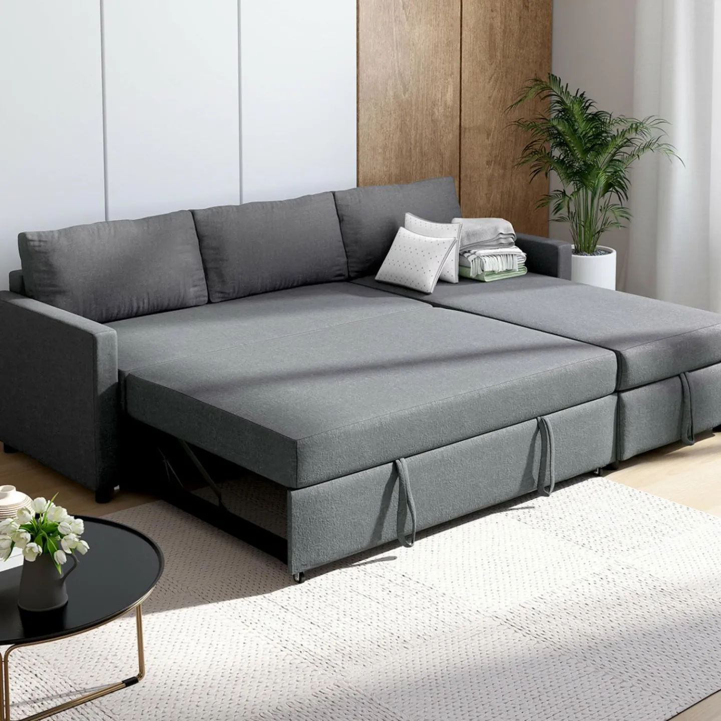 Canapé avec méridienne convertible en tissu gris anthracite*IDMarket New