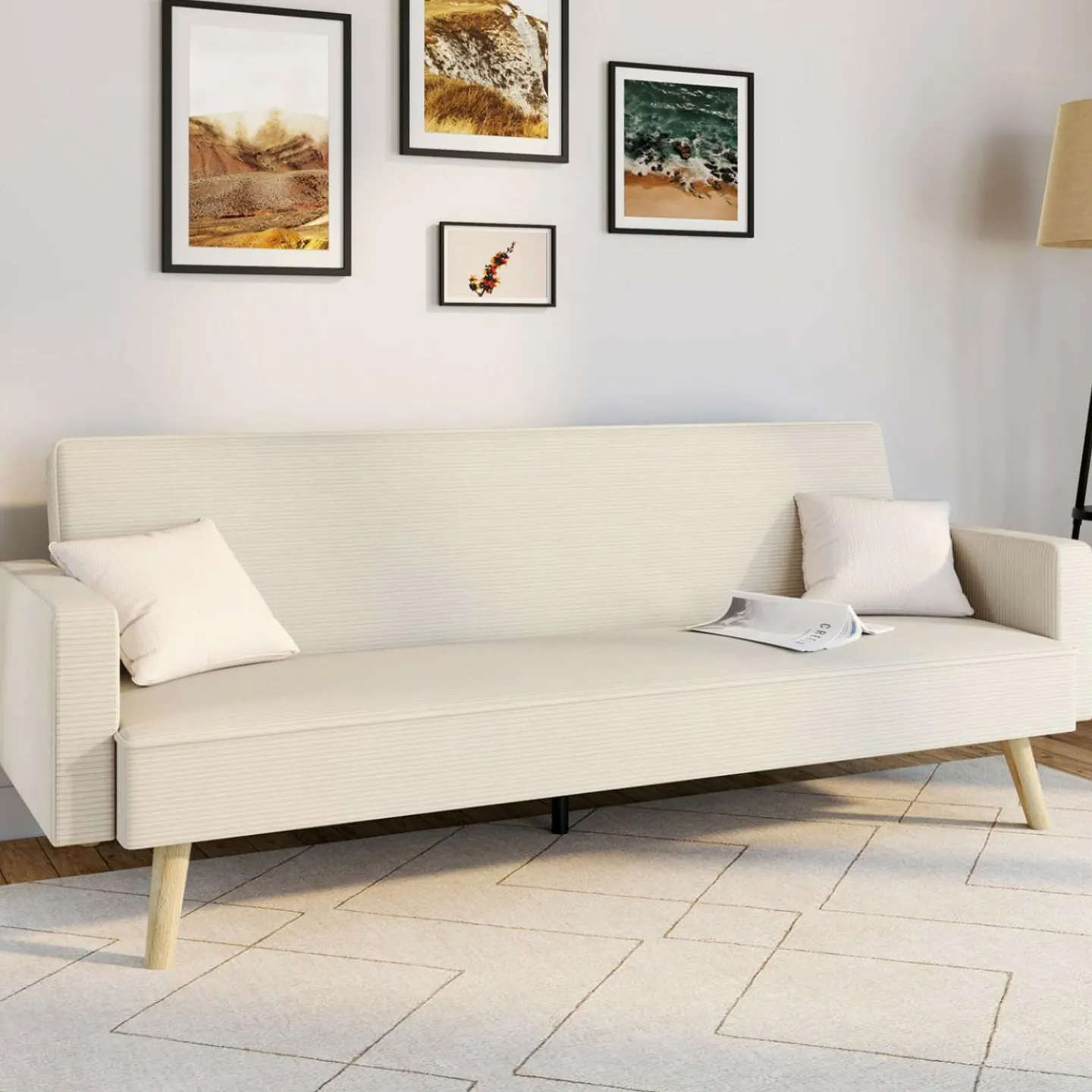 Canapé droit scandinave 3 places convertible LARS velours côtelé beige*IDMarket Clearance