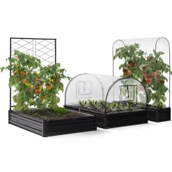 Carré potager en métal avec serre à tomates + treillis + housse*IDMarket Discount