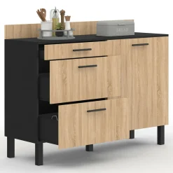 Casserolier bois noir et façon hêtre 120 cm plan de travail H.83 cm 1 porte + 3 tiroirs*IDMarket Outlet