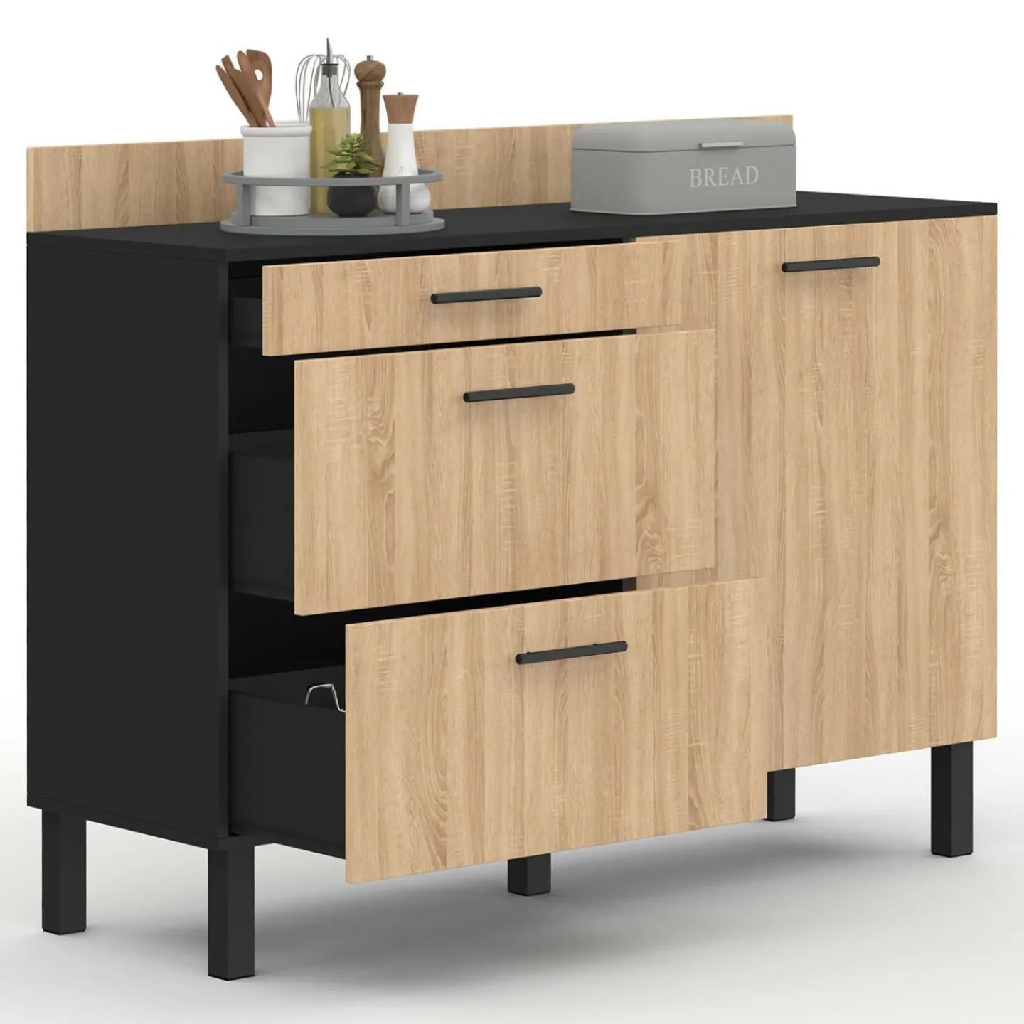 Casserolier bois noir et façon hêtre 120 cm plan de travail H.83 cm 1 porte + 3 tiroirs*IDMarket Outlet