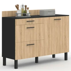 Casserolier bois noir et façon hêtre 120 cm plan de travail H.83 cm 1 porte + 3 tiroirs*IDMarket Outlet