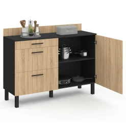 Casserolier bois noir et façon hêtre 120 cm plan de travail H.83 cm 1 porte + 3 tiroirs*IDMarket Outlet