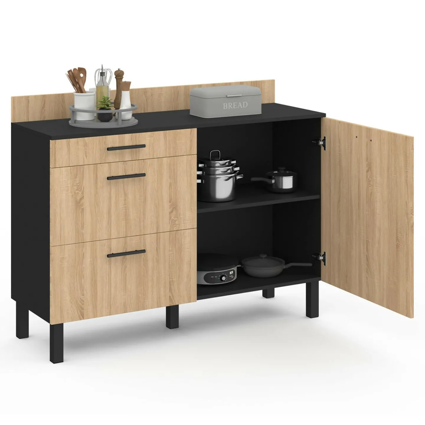 Casserolier bois noir et façon hêtre 120 cm plan de travail H.83 cm 1 porte + 3 tiroirs*IDMarket Outlet