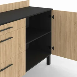 Casserolier bois noir et façon hêtre 120 cm plan de travail H.83 cm 1 porte + 3 tiroirs*IDMarket Outlet