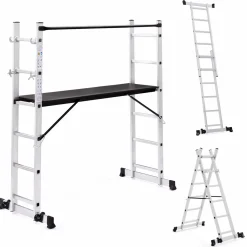 Échafaudage aluminium plateforme modulable avec échelle multifonction, sur roues, 165 cm*IDMarket