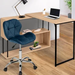 Chaise de bureau velours bleu à roulettes*IDMarket Clearance