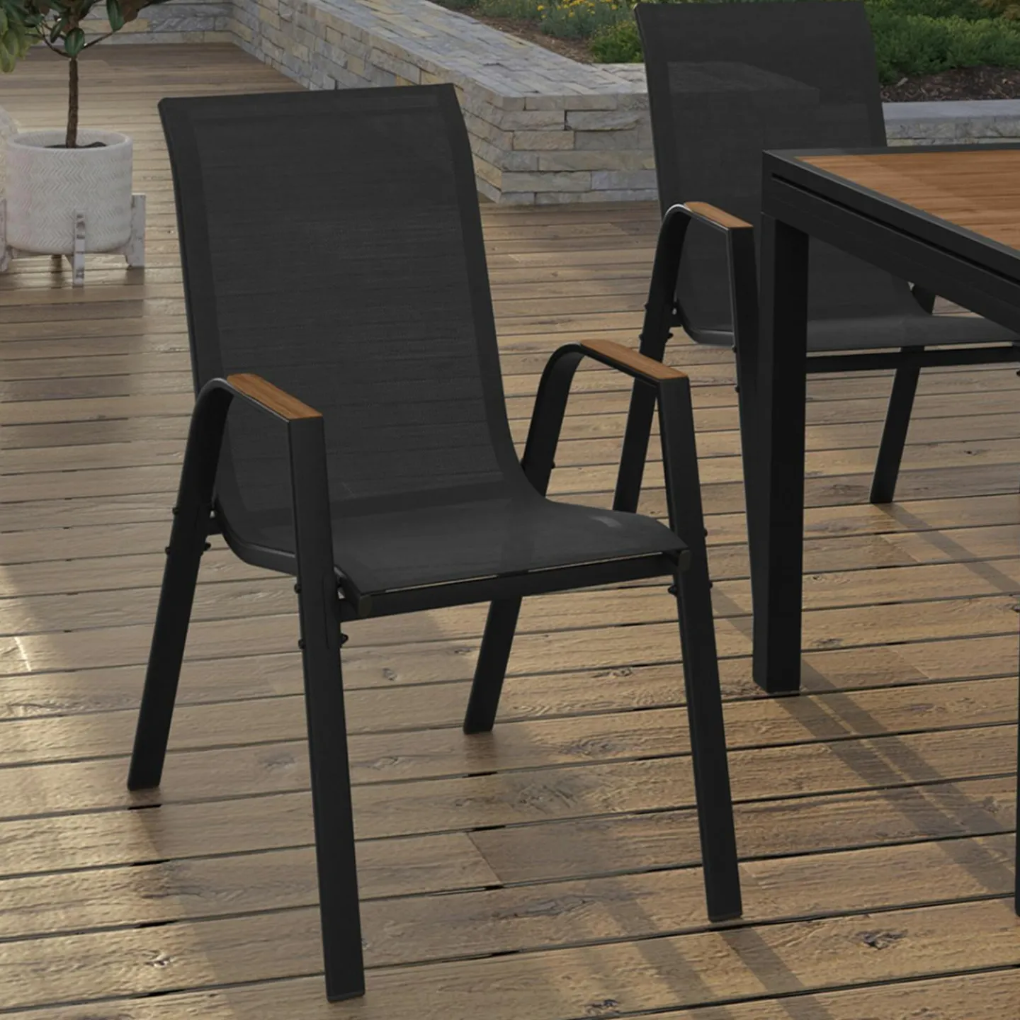 Chaises de jardin empilables noir et bois métal et textilène*IDMarket
