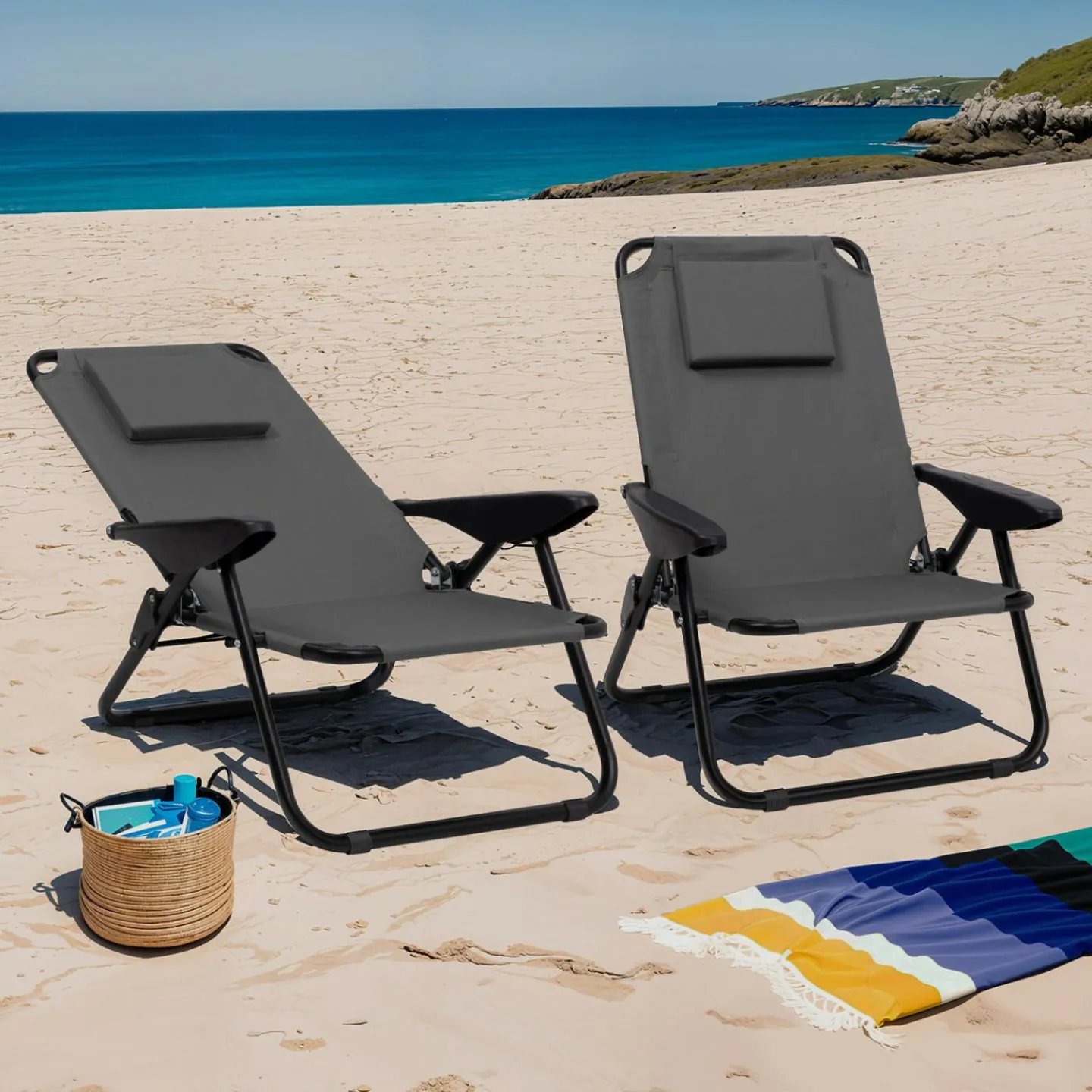 Chaises de plage pliantes gris anthracite avec dossier inclinable*IDMarket Discount
