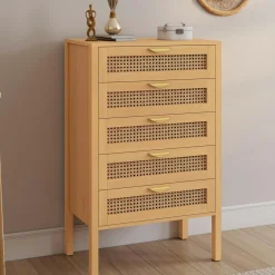 Chiffonier commode semainier cannage bois 5 tiroirs 60 cm*IDMarket Clearance