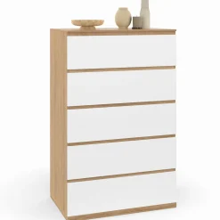 Chiffonier commode semainier bois façon hêtre et blanc 60 cm 5 tiroirs*IDMarket Hot