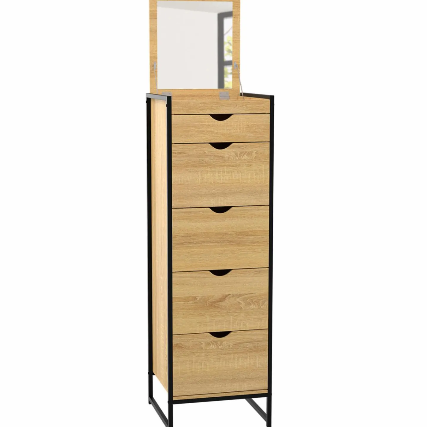 Chiffonnier industriel 40cm 5 tiroirs meuble d'entrée avec miroir*IDMarket Sale