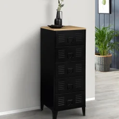 Chiffonnier industriel métal noir et imitation hêtre avec 5 tiroirs*IDMarket Clearance