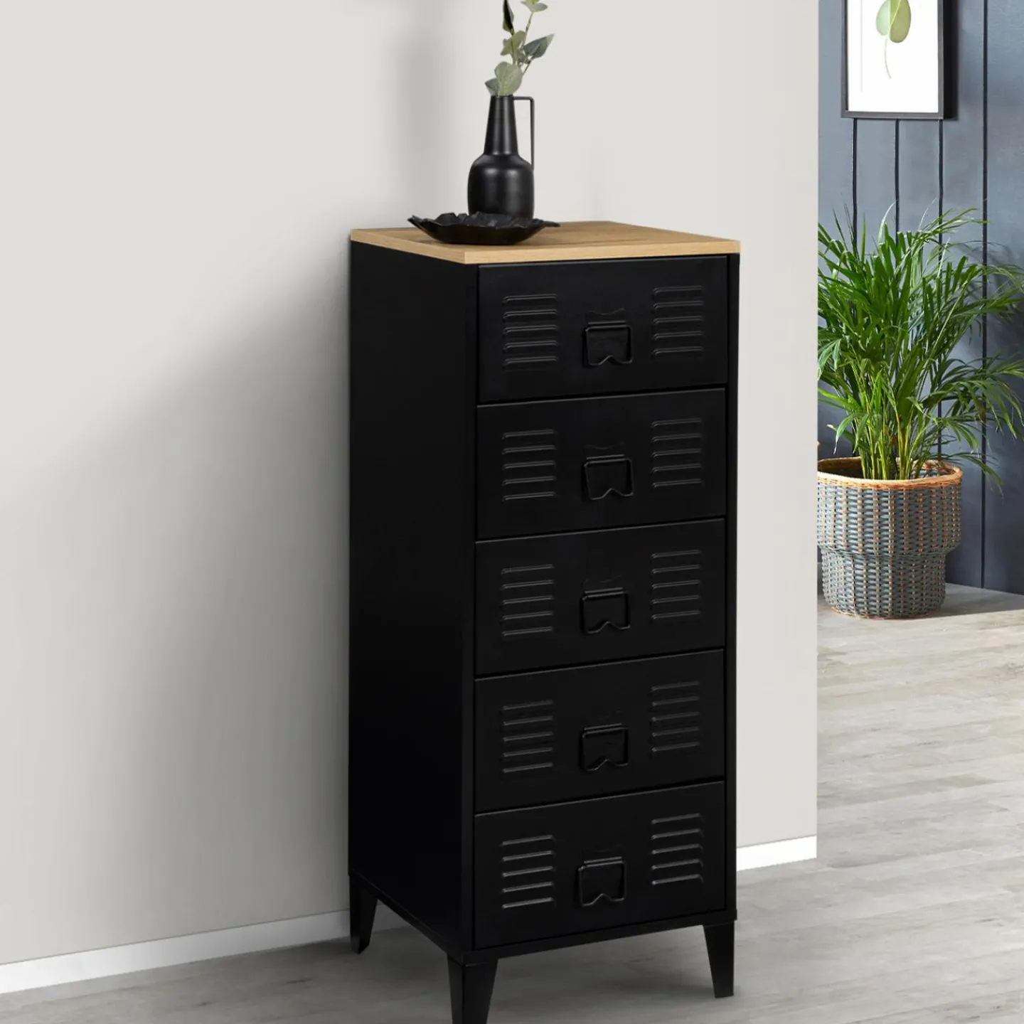 Chiffonnier industriel métal noir et imitation hêtre avec 5 tiroirs*IDMarket Clearance
