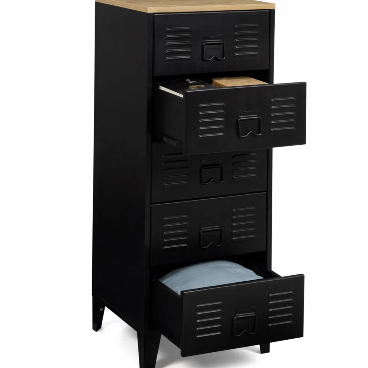 Chiffonnier industriel métal noir et imitation hêtre avec 5 tiroirs*IDMarket Clearance
