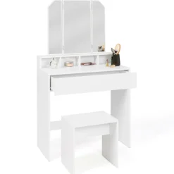 Coiffeuse 3 miroirs blanche avec 4 niches, 1 tiroir et tabouret*IDMarket Outlet