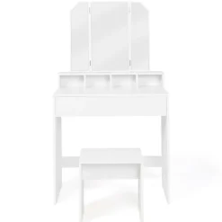 Coiffeuse 3 miroirs blanche avec 4 niches, 1 tiroir et tabouret*IDMarket Outlet