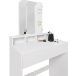 Coiffeuse 3 miroirs blanche avec 4 niches, 1 tiroir et tabouret*IDMarket Outlet
