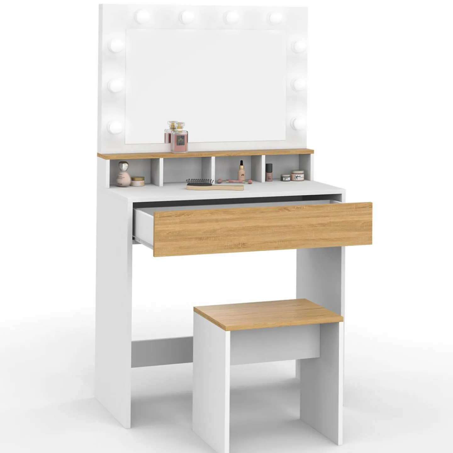 Coiffeuse avec miroir LED blanc et hêtre*IDMarket New