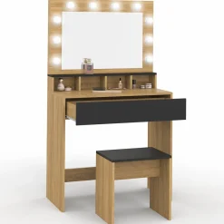 Coiffeuse avec miroir LED noir et hêtre*IDMarket Outlet