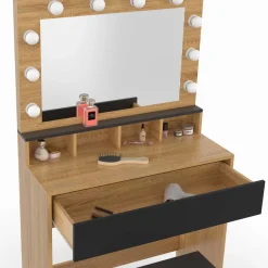 Coiffeuse avec miroir LED noir et hêtre*IDMarket Outlet