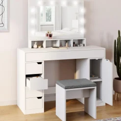 Coiffeuse avec miroir LED blanche, niches, tiroirs, rangements et tabouret*IDMarket Hot