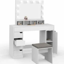 Coiffeuse avec miroir LED blanche, niches, tiroirs, rangements et tabouret*IDMarket Hot