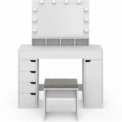 Coiffeuse avec miroir LED blanche, niches, tiroirs, rangements et tabouret*IDMarket Hot