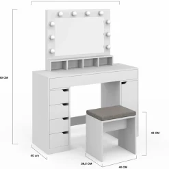 Coiffeuse avec miroir LED blanche, niches, tiroirs, rangements et tabouret*IDMarket Hot