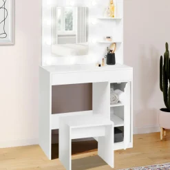 Coiffeuse blanche avec miroir LED et tabouret 1 tiroir*IDMarket Online