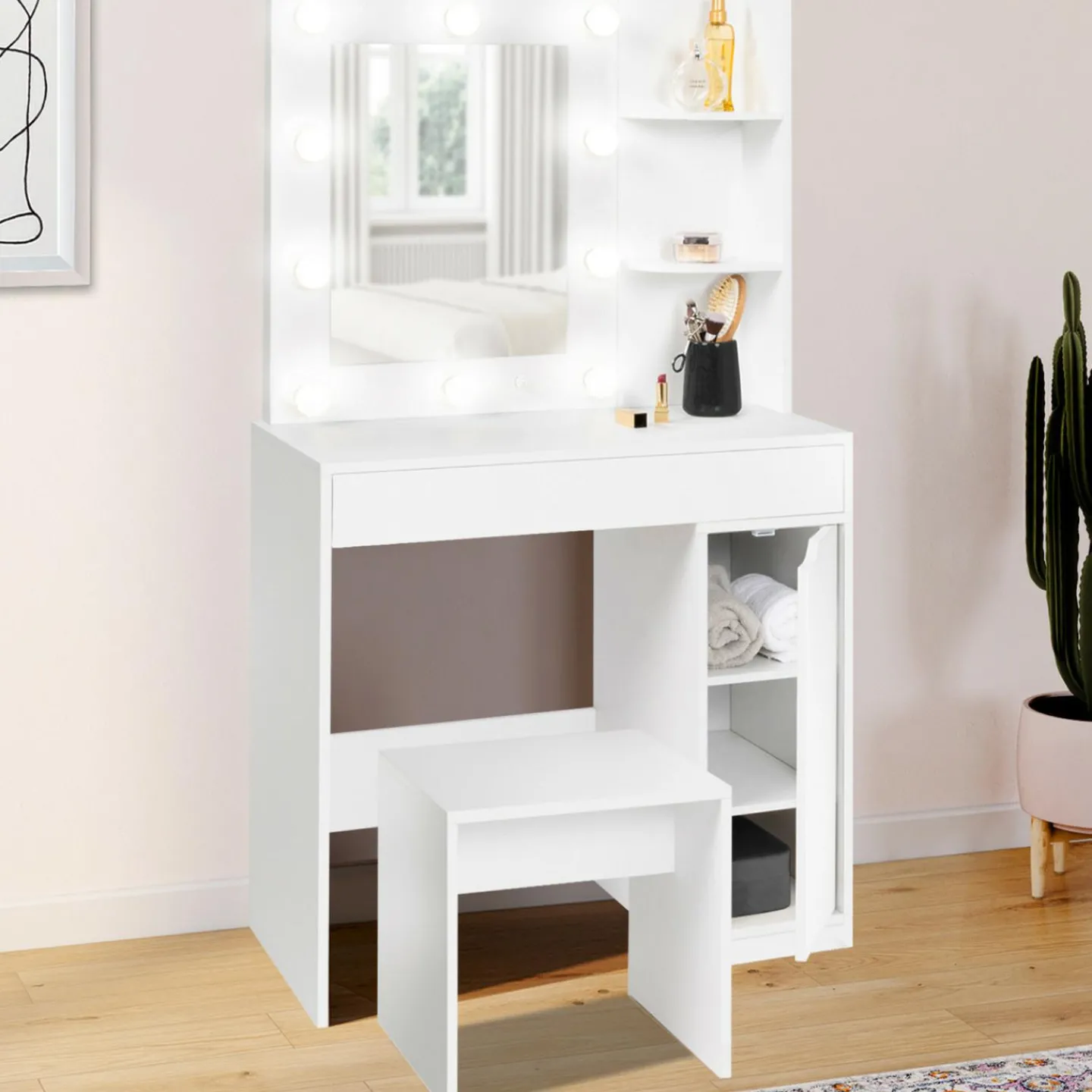 Coiffeuse blanche avec miroir LED et tabouret 1 tiroir*IDMarket Online