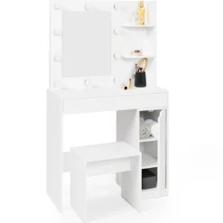 Coiffeuse blanche avec miroir LED et tabouret 1 tiroir*IDMarket Online