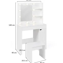 Coiffeuse blanche avec miroir LED et tabouret 1 tiroir*IDMarket Online