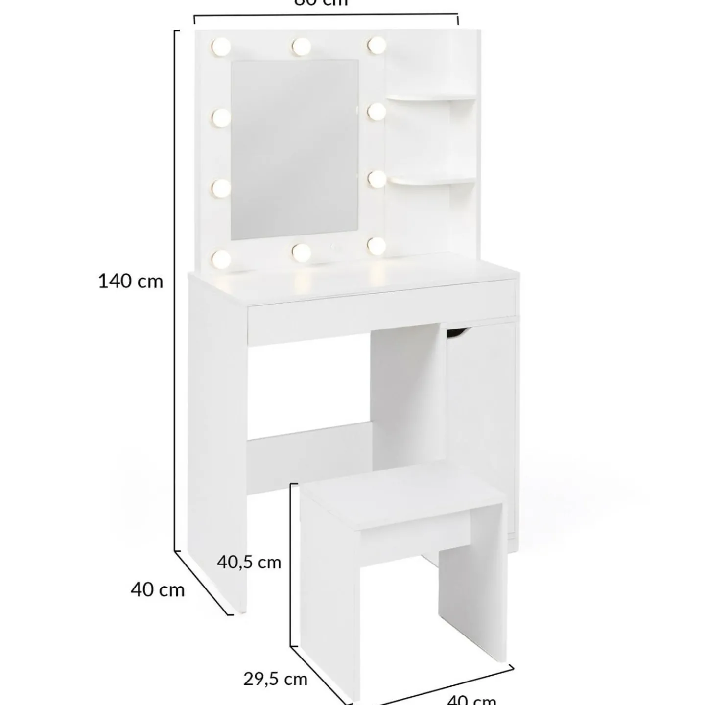Coiffeuse blanche avec miroir LED et tabouret 1 tiroir*IDMarket Online