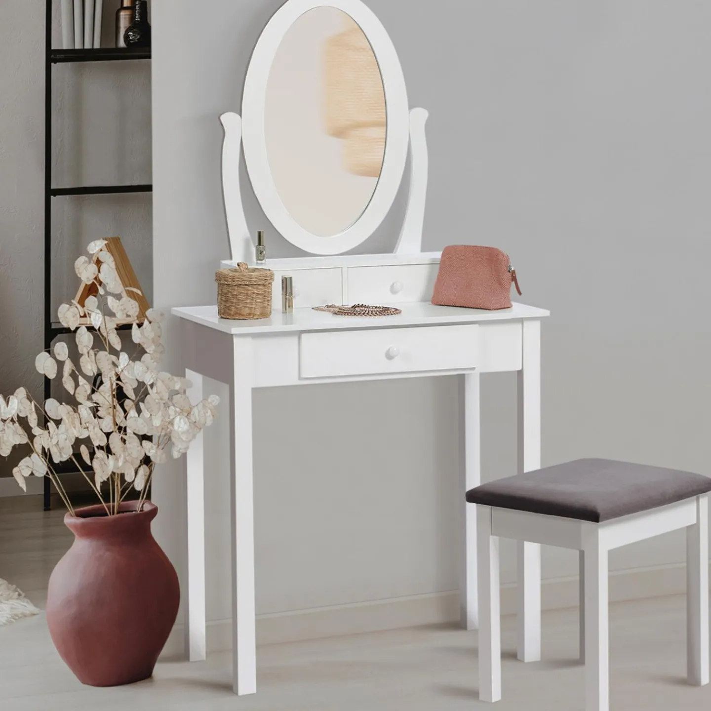 Coiffeuse blanche avec miroir et tabouret*IDMarket Discount